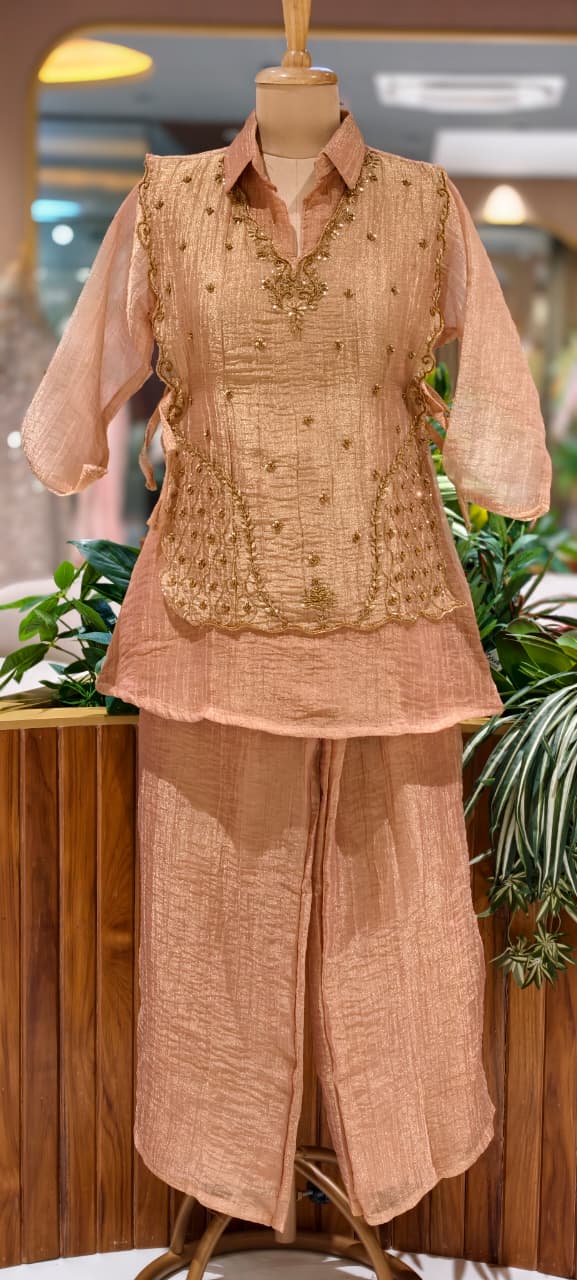 Intricate Gold Scattered Embellishments Crush Tissue Co-Ord Set- 15527