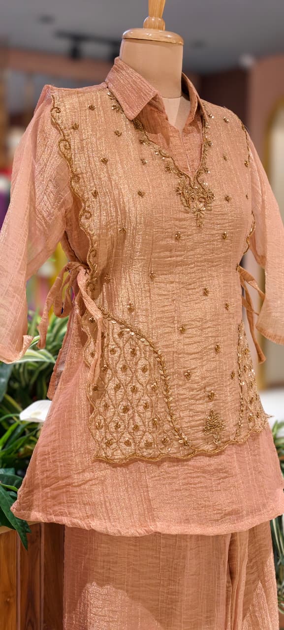 Intricate Gold Scattered Embellishments Crush Tissue Co-Ord Set- 15527