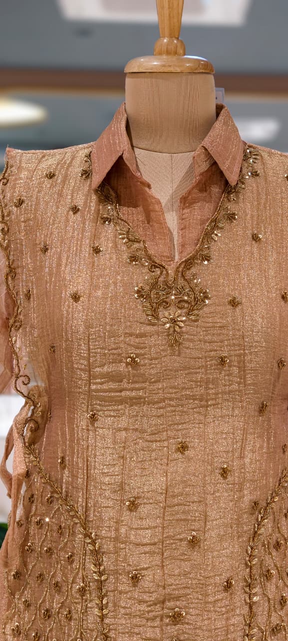 Intricate Gold Scattered Embellishments Crush Tissue Co-Ord Set- 15527