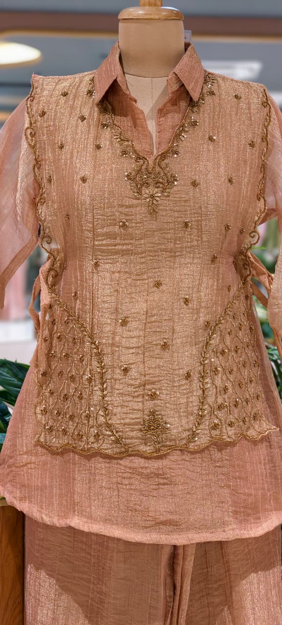 Intricate Gold Scattered Embellishments Crush Tissue Co-Ord Set- 15527