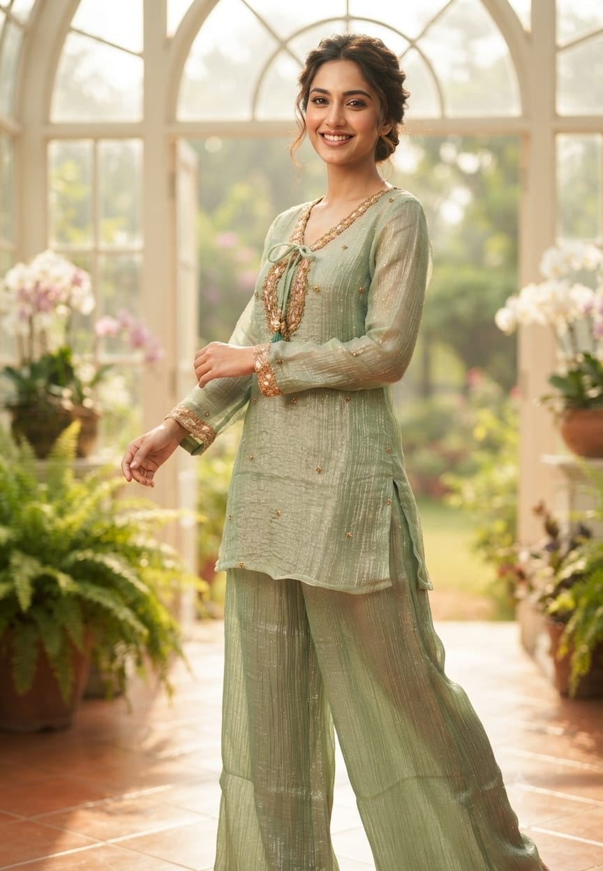 Front Tie-Up Tassel Sequin Detailing Shimmer Crush Tissue Co-Ord Set- 15526