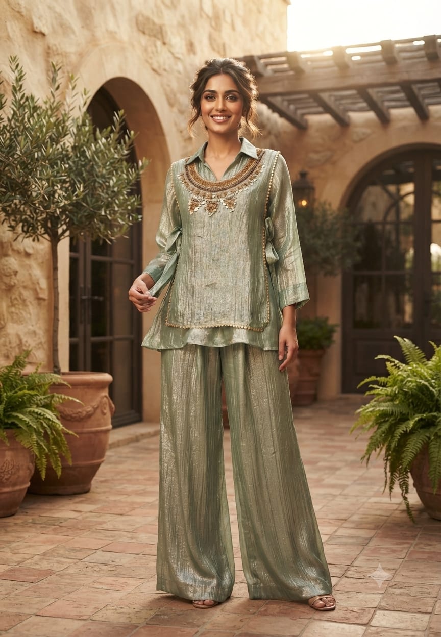 Embellished Shimmer Outer With Collared Matching Co-Ord Set In Crush Tissue Fabric- 15530