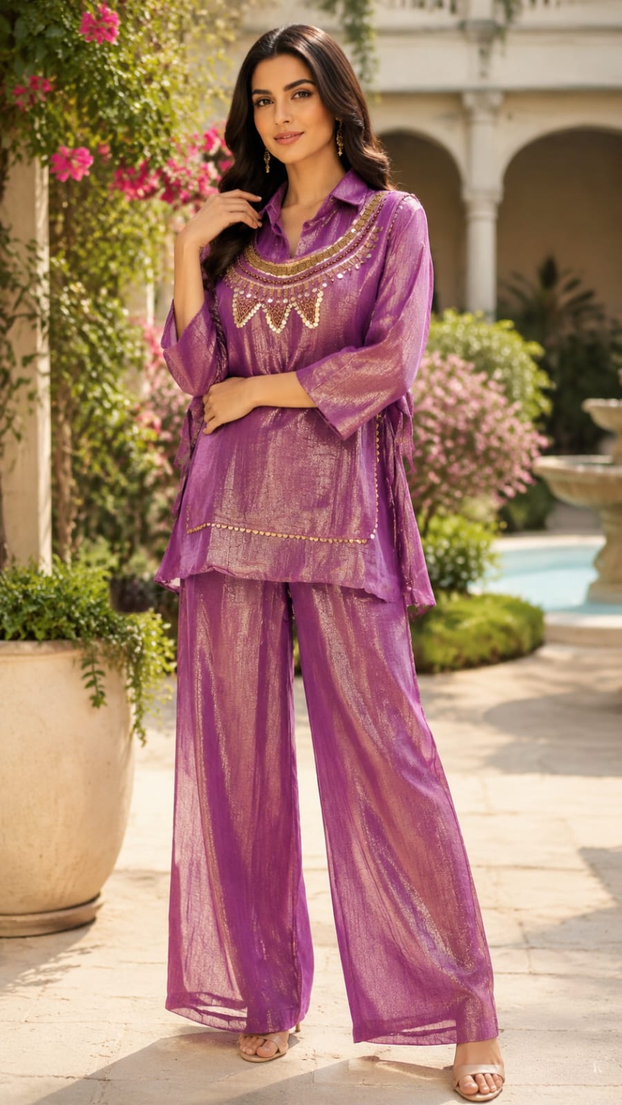 Embellished Shimmer Outer With Collared Matching Co-Ord Set In Crush Tissue Fabric- 15530