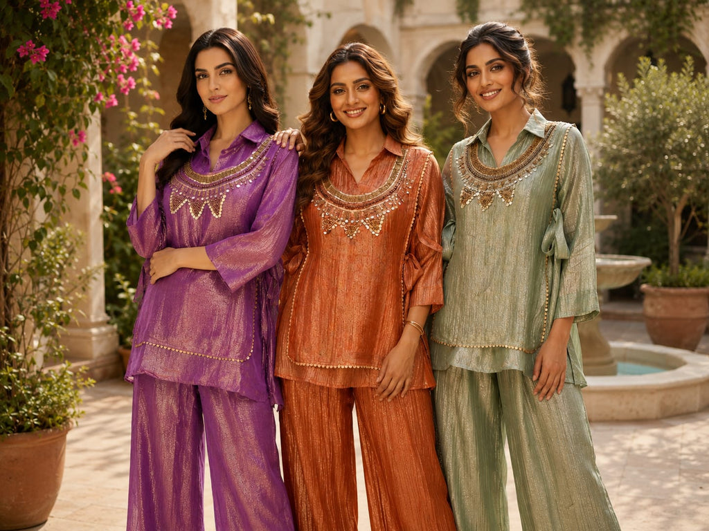 Embellished Shimmer Outer With Collared Matching Co-Ord Set In Crush Tissue Fabric- 15530