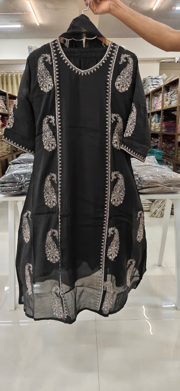 Fine Thread Embroidery Mango Buti Inspired A-Line Surat Mul-Chanderi Full Suit Set With Dupatta- 15566