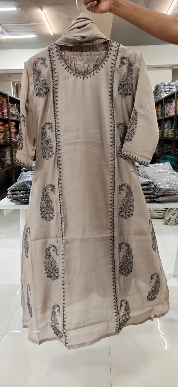 Fine Thread Embroidery Mango Buti Inspired A-Line Surat Mul-Chanderi Full Suit Set With Dupatta- 15566