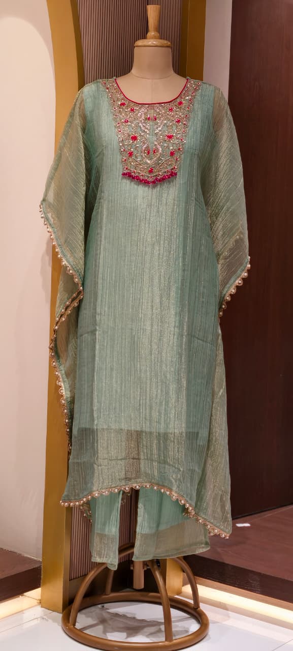 Royal Zardosi Work Beads Tassel Yoke With Pearl Bordered Tissue Kaftan & Loose Palazzo Bottom- 15559