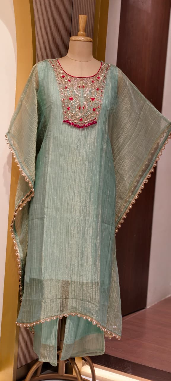Royal Zardosi Work Beads Tassel Yoke With Pearl Bordered Tissue Kaftan & Loose Palazzo Bottom- 15559