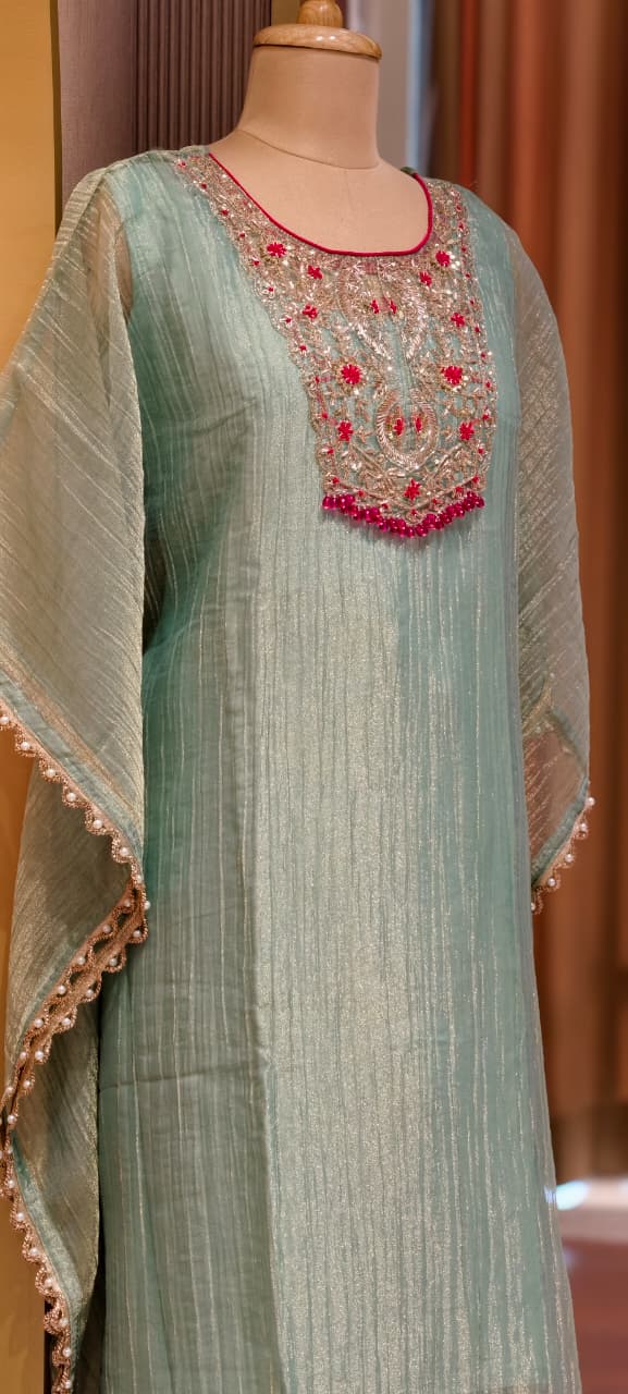 Royal Zardosi Work Beads Tassel Yoke With Pearl Bordered Tissue Kaftan & Loose Palazzo Bottom- 15559