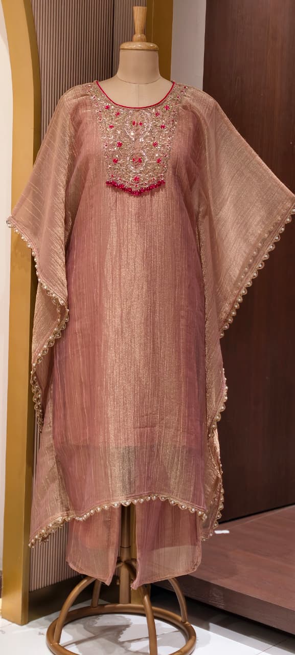Royal Zardosi Work Beads Tassel Yoke With Pearl Bordered Tissue Kaftan & Loose Palazzo Bottom- 15559