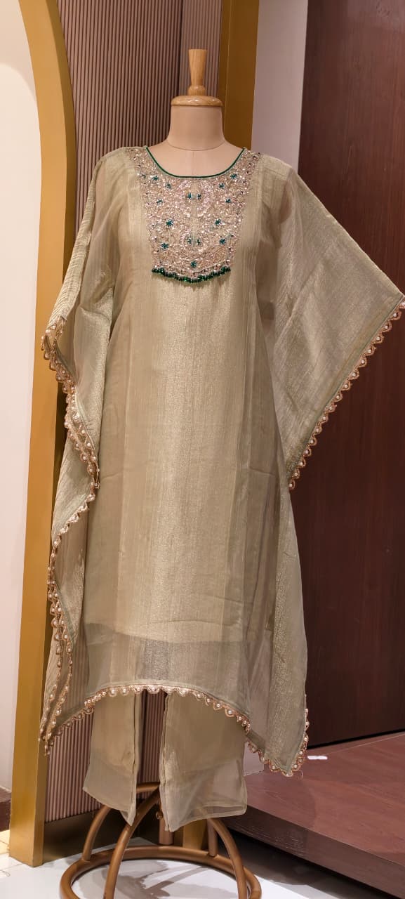 Royal Zardosi Work Beads Tassel Yoke With Pearl Bordered Tissue Kaftan & Loose Palazzo Bottom- 15559