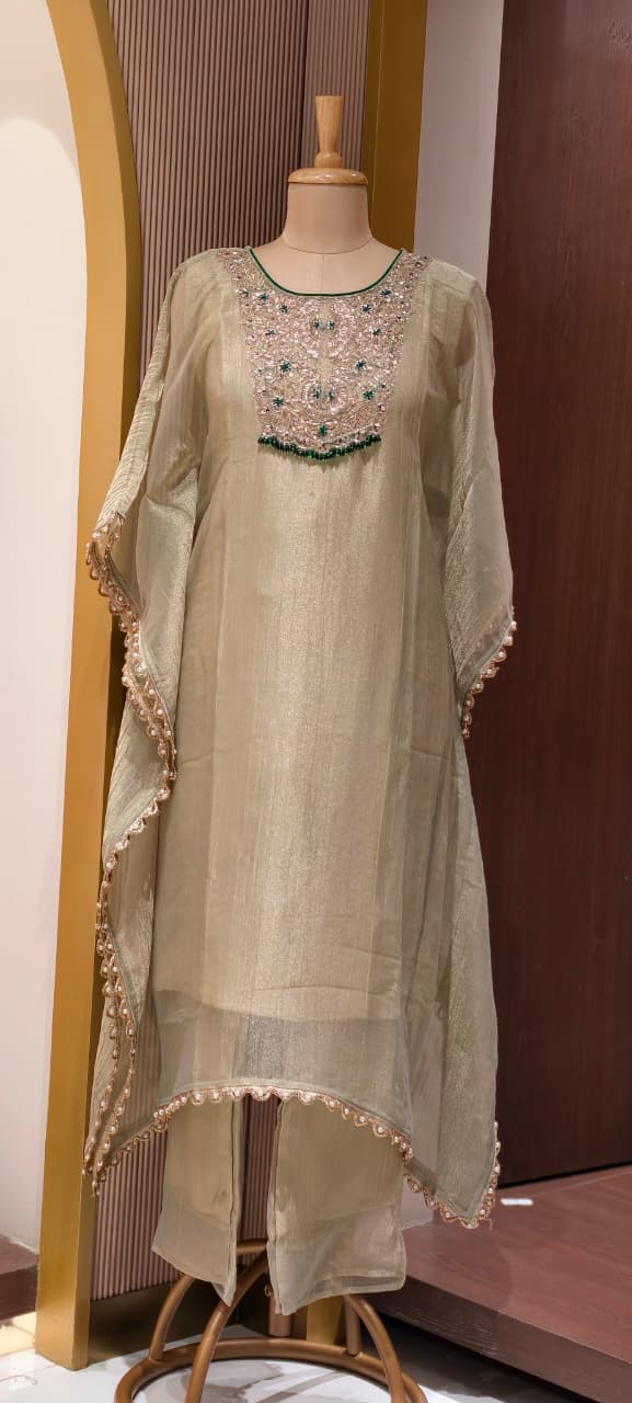 Royal Zardosi Work Beads Tassel Yoke With Pearl Bordered Tissue Kaftan & Loose Palazzo Bottom- 15559