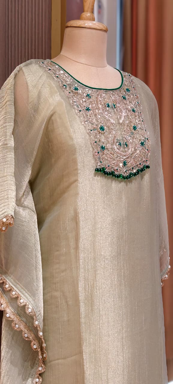 Royal Zardosi Work Beads Tassel Yoke With Pearl Bordered Tissue Kaftan & Loose Palazzo Bottom- 15559