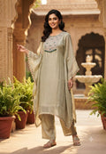 Royal Zardosi Work Beads Tassel Yoke With Pearl Bordered Tissue Kaftan & Loose Palazzo Bottom- 15559