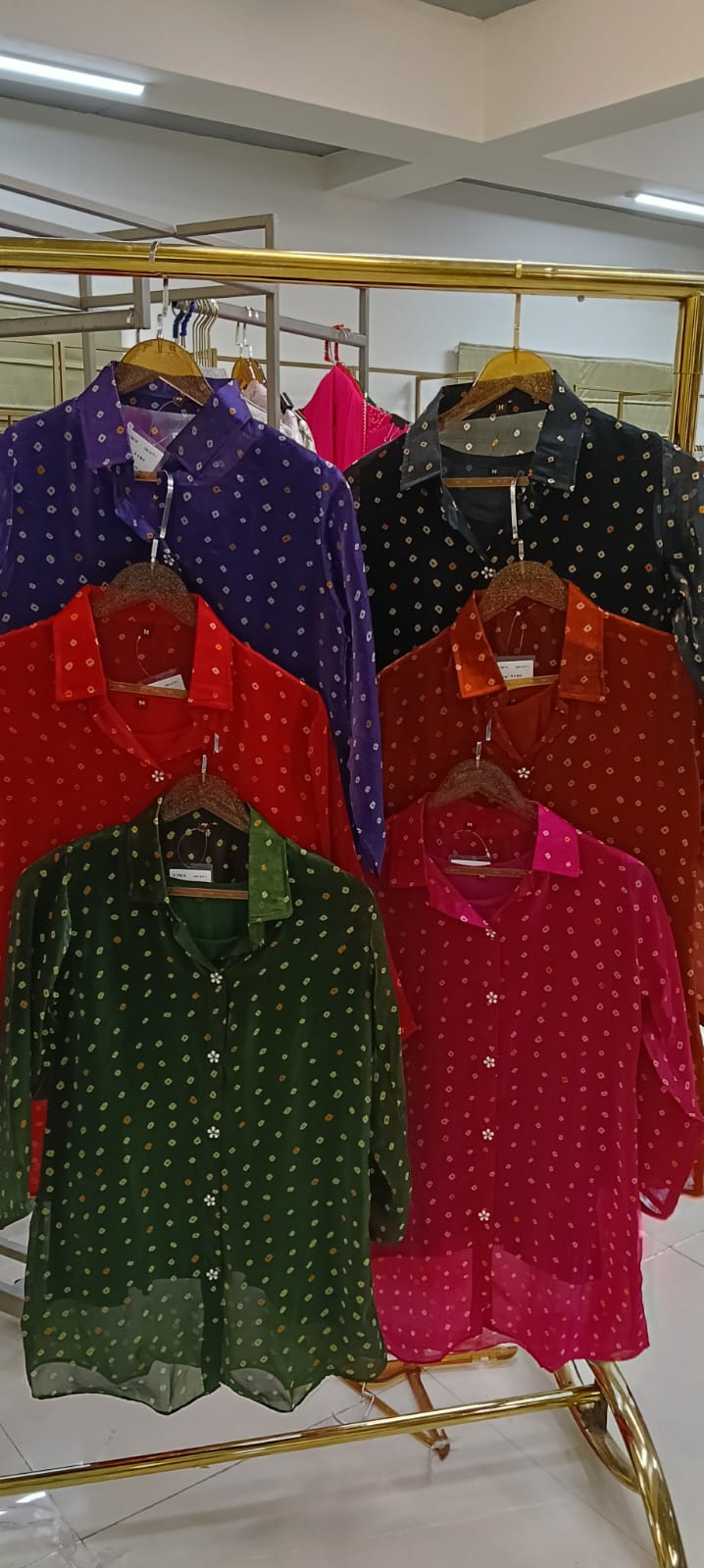 Premium Gold Dot Print Collared Organza Tissue Fabric Casual Shirt