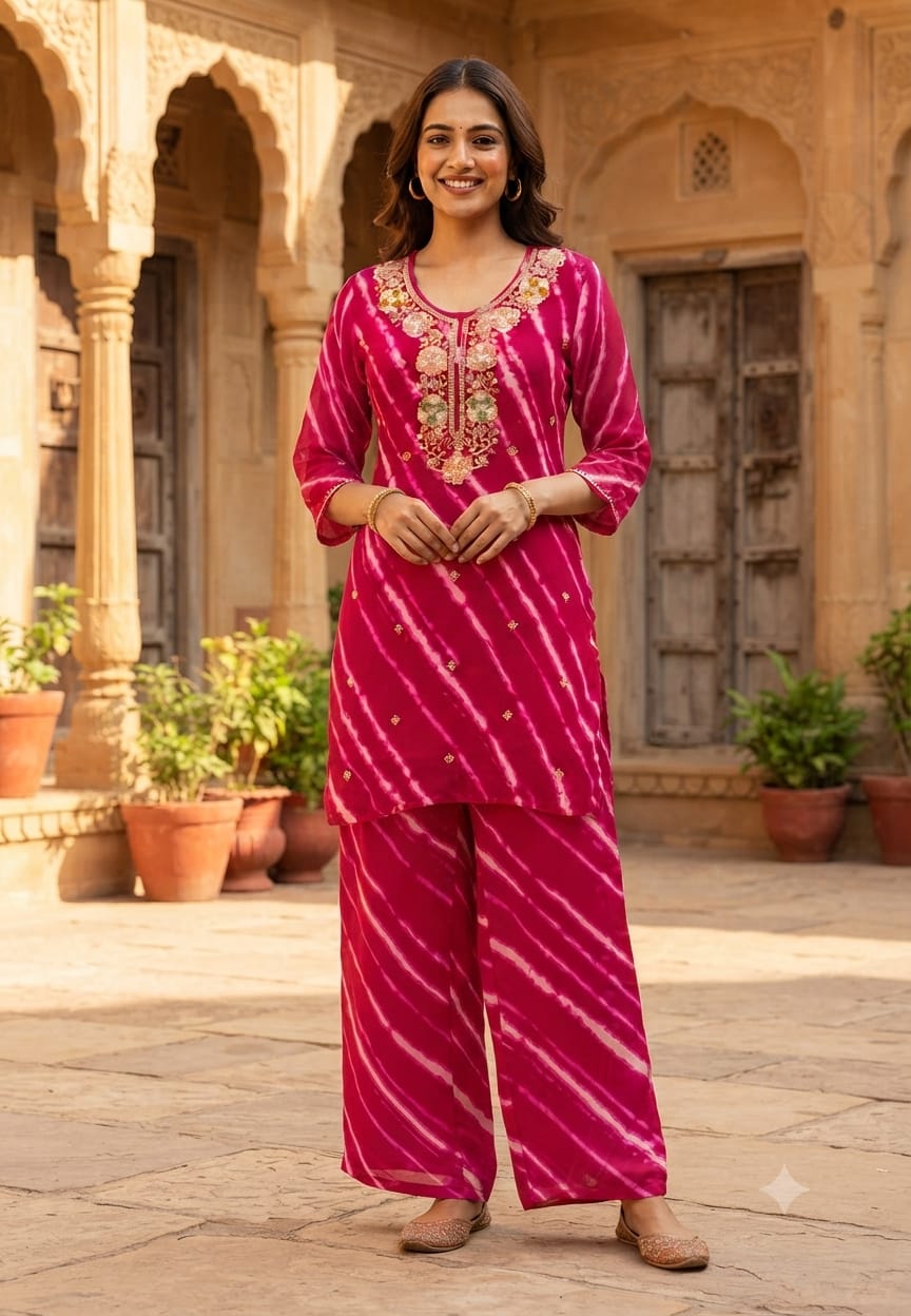 Embroidered Neck Georgette Fabric Lehriya Kurta With Bottom-15561