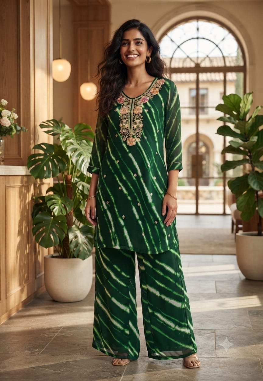 Embroidered Neck Georgette Fabric Lehriya Kurta With Bottom-15561
