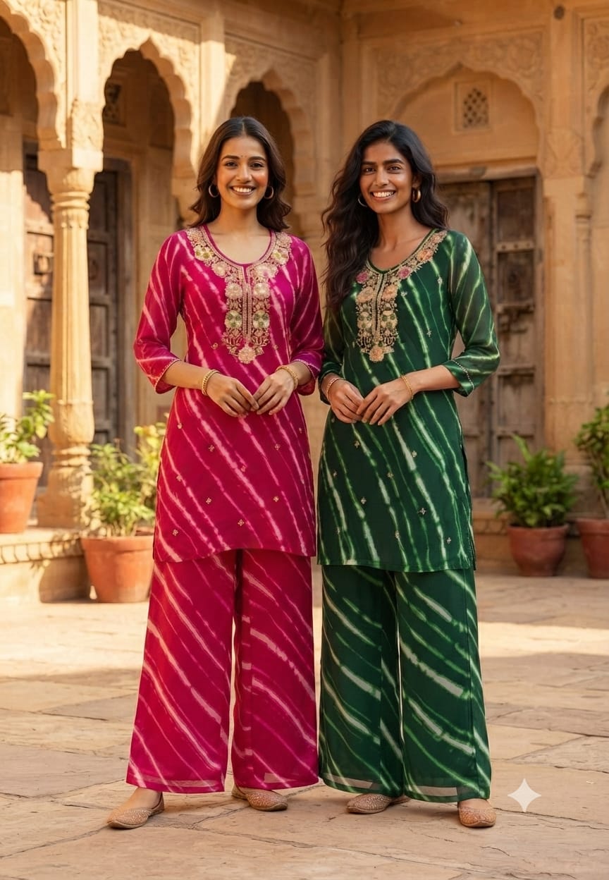 Embroidered Neck Georgette Fabric Lehriya Kurta With Bottom-15561