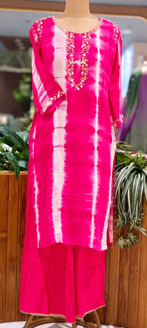 Russian Silk Embroidered Yoke Shibori Print Style Full Suit Set With Dupatta- 15602