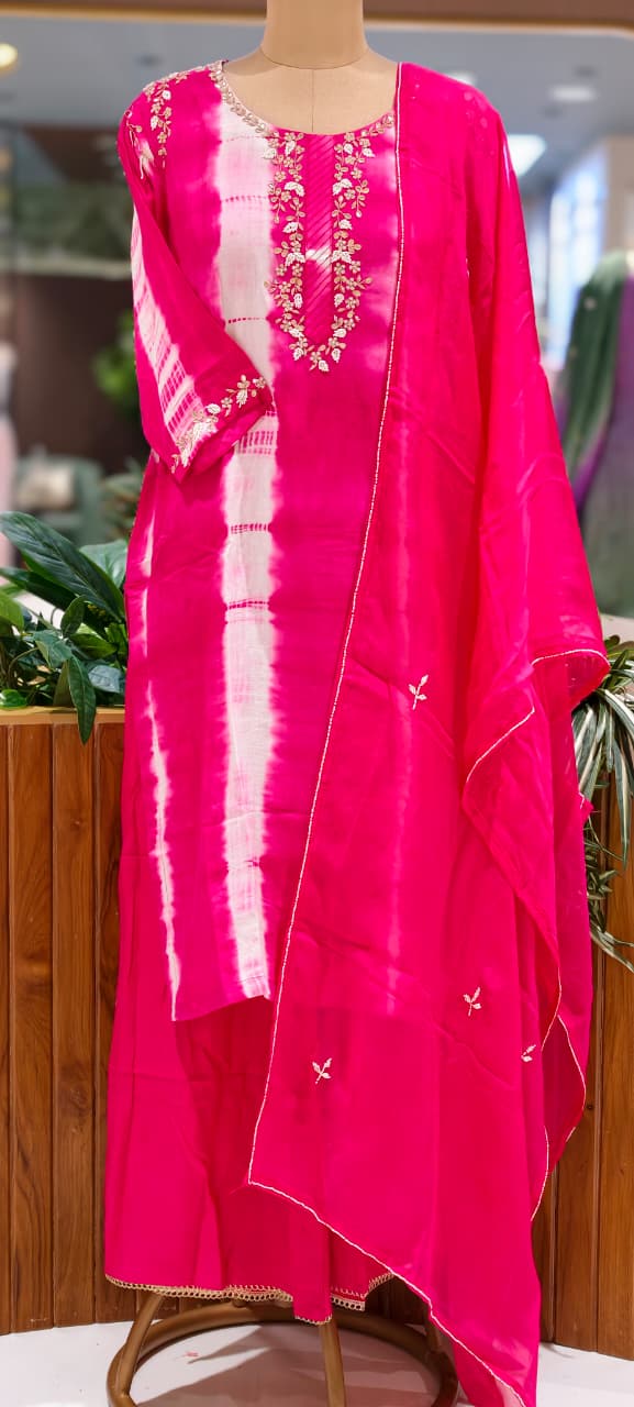 Russian Silk Embroidered Yoke Shibori Print Style Full Suit Set With Dupatta- 15602