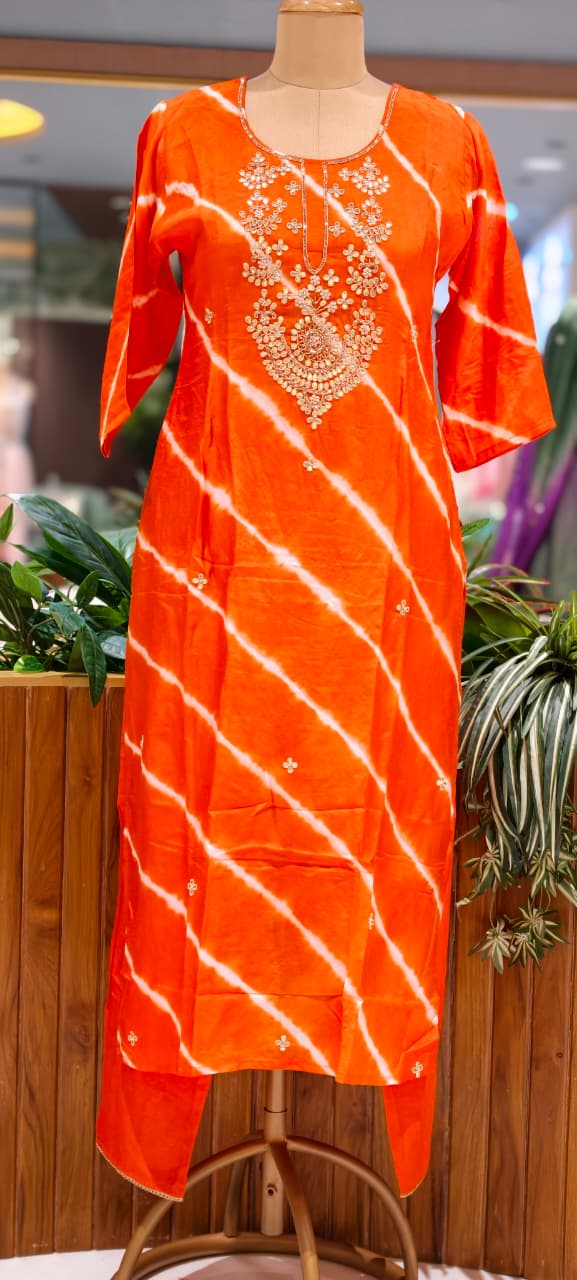 Russian Silk Orange Lehriya Embroidered Yoke Full Suit Set With Dupatta- 15600