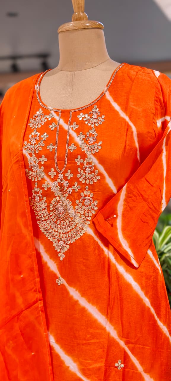 Russian Silk Orange Lehriya Embroidered Yoke Full Suit Set With Dupatta- 15600