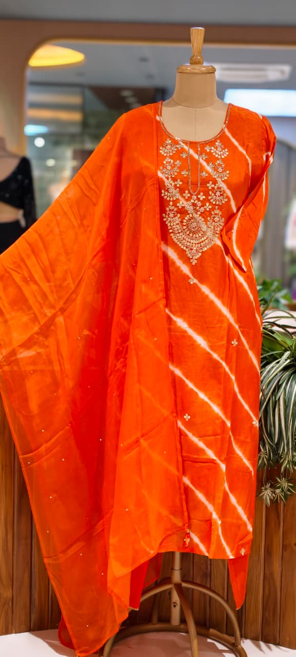 Russian Silk Orange Lehriya Embroidered Yoke Full Suit Set With Dupatta- 15600