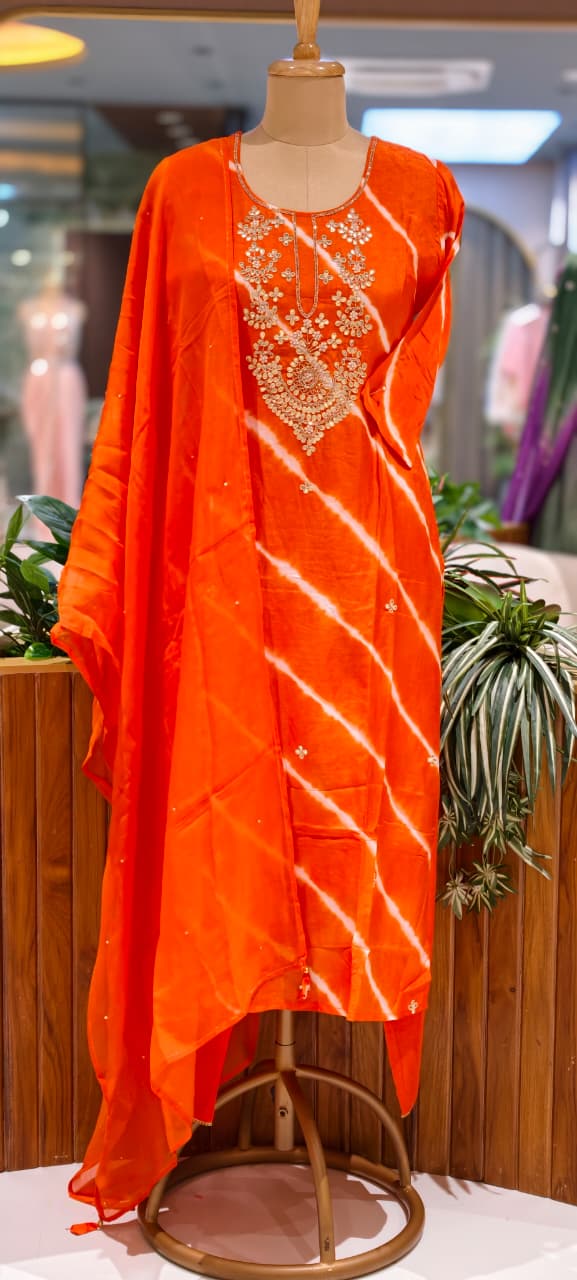 Russian Silk Orange Lehriya Embroidered Yoke Full Suit Set With Dupatta- 15600