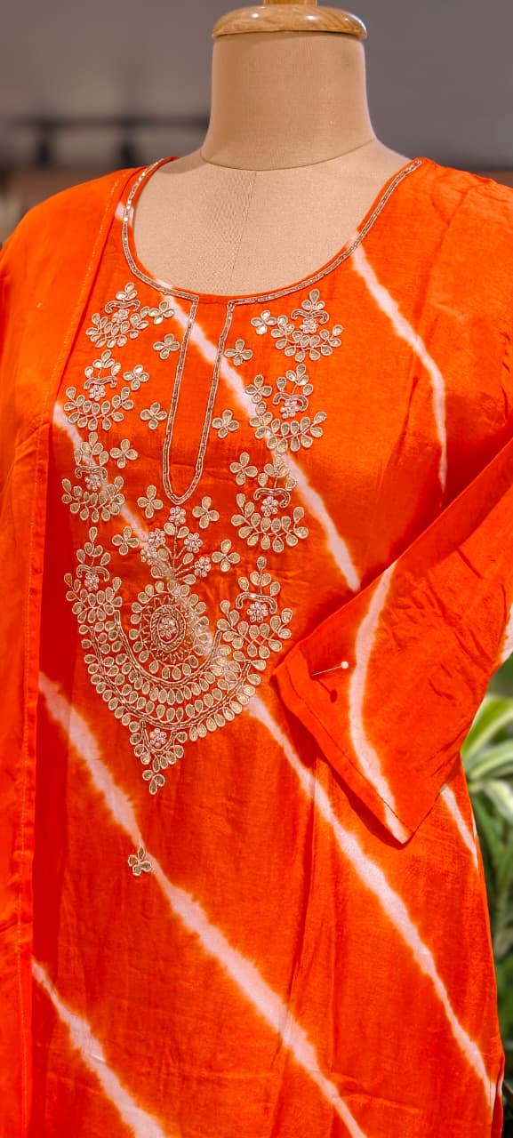 Russian Silk Orange Lehriya Embroidered Yoke Full Suit Set With Dupatta- 15600