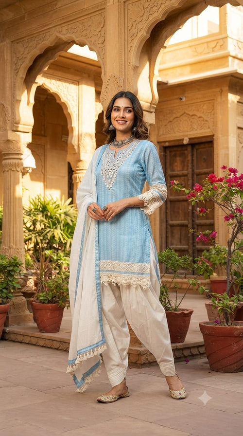 Breathable Muslin Boho Style Lace Detailing Farshi Salwar Full Suit Set With Dupatta- 15498
