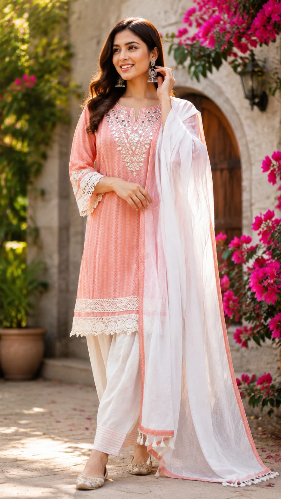 Breathable Muslin Boho Style Lace Detailing Farshi Salwar Full Suit Set With Dupatta- 15498