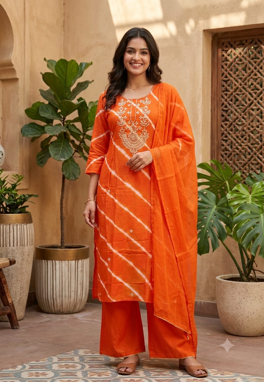Russian Silk Orange Lehriya Embroidered Yoke Full Suit Set With Dupatta- 15600