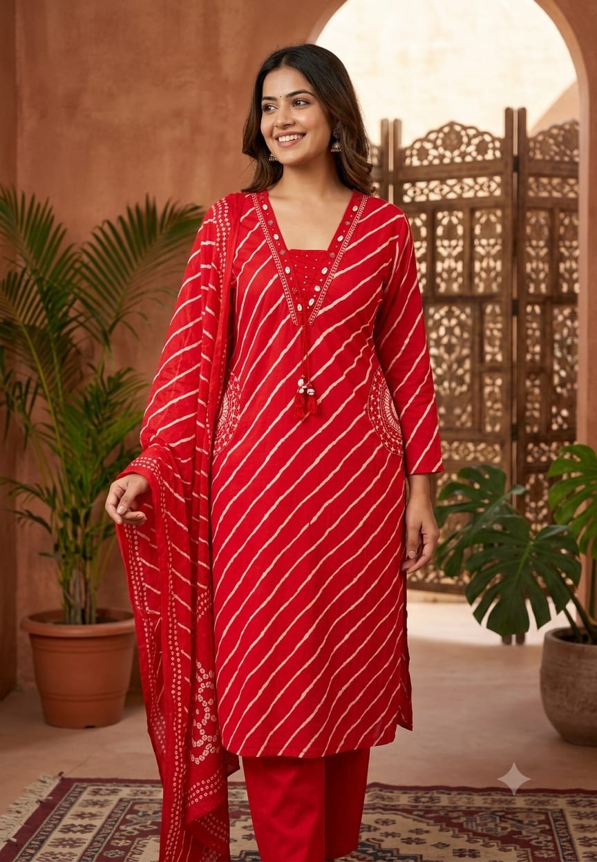 Pure Cotton Lehriya Printed Full Suit Set with Comfortable Pants & Dupatta- 15581