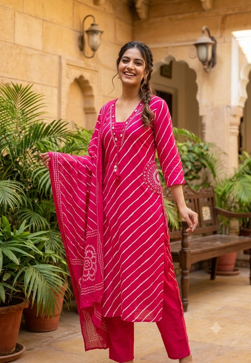 Pure Cotton Lehriya Printed Full Suit Set with Comfortable Pants & Dupatta- 15581