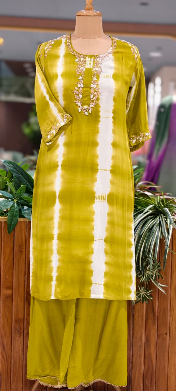 Russian Silk Embroidered Yoke Shibori Print Style Full Suit Set With Dupatta- 15602