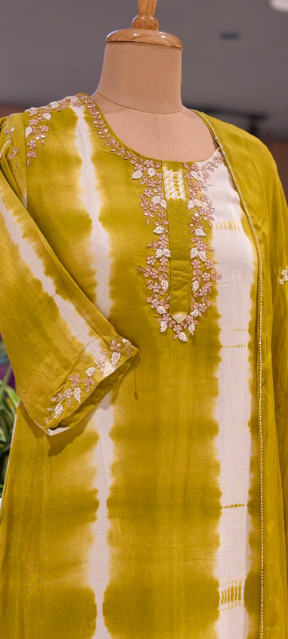 Russian Silk Embroidered Yoke Shibori Print Style Full Suit Set With Dupatta- 15602