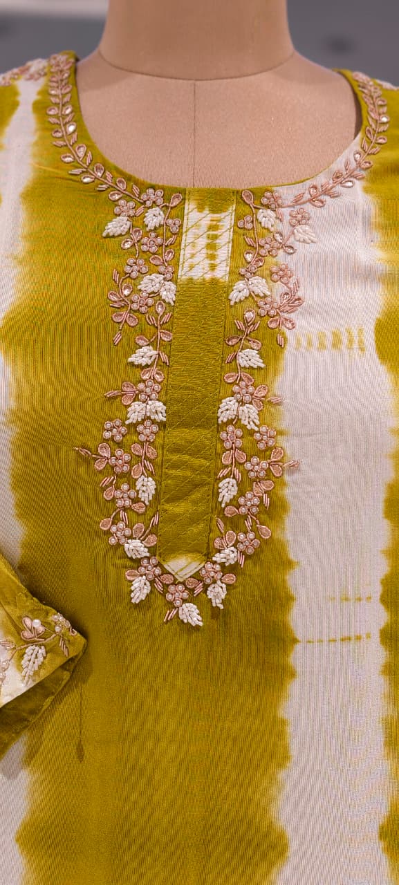Russian Silk Embroidered Yoke Shibori Print Style Full Suit Set With Dupatta- 15602
