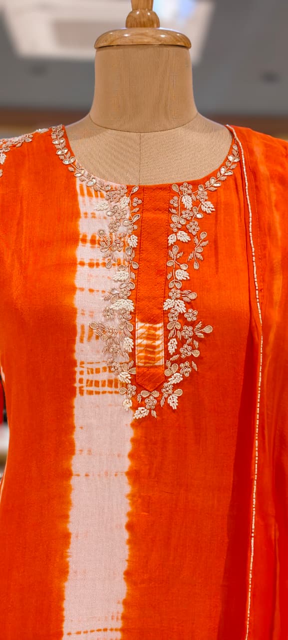 Russian Silk Embroidered Yoke Shibori Print Style Full Suit Set With Dupatta- 15602