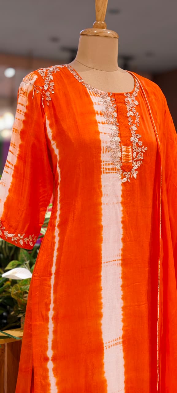 Russian Silk Embroidered Yoke Shibori Print Style Full Suit Set With Dupatta- 15602