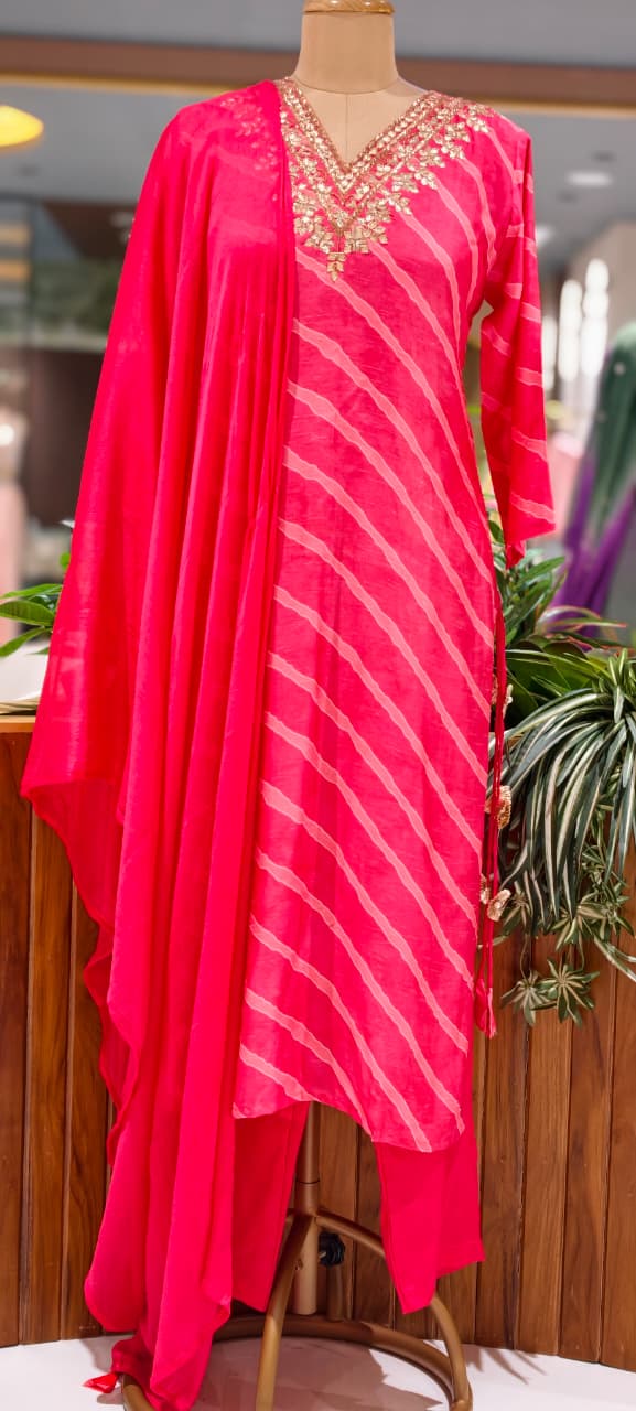 Fuschia Elegance Lehriya Printed Gotta Neckline Russian Silk Full Suit Set With Dupatta- 15607
