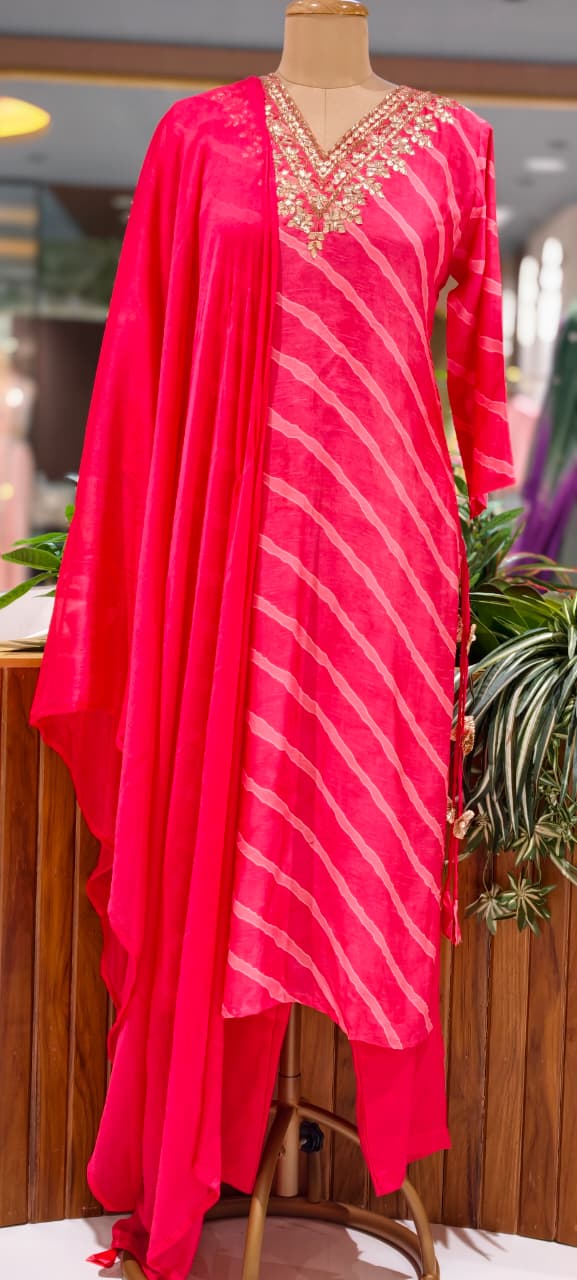 Fuschia Elegance Lehriya Printed Gotta Neckline Russian Silk Full Suit Set With Dupatta- 15607