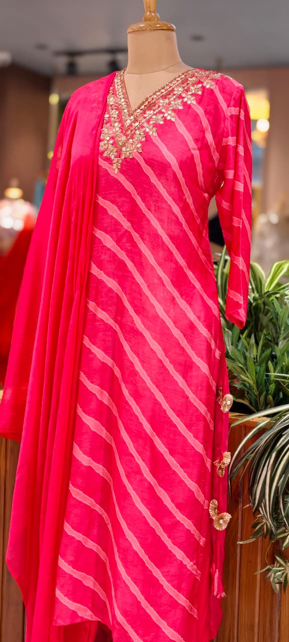 Fuschia Elegance Lehriya Printed Gotta Neckline Russian Silk Full Suit Set With Dupatta- 15607