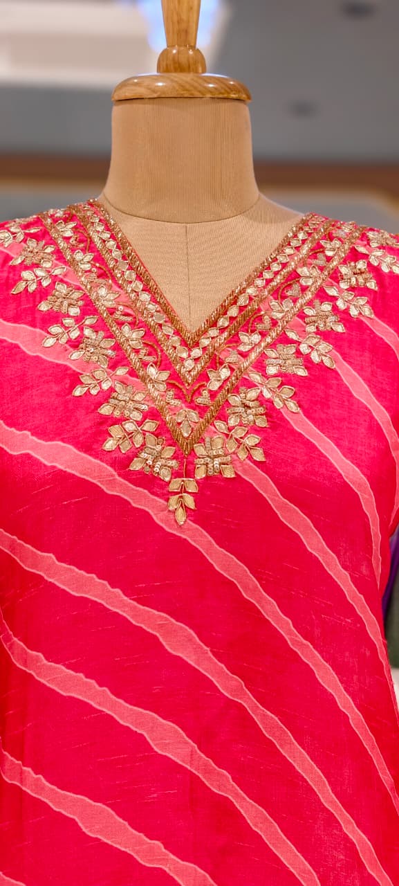 Fuschia Elegance Lehriya Printed Gotta Neckline Russian Silk Full Suit Set With Dupatta- 15607