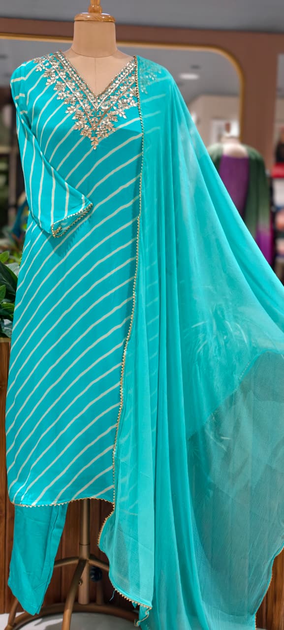 Festive Gotta Patti V-Neck Lehriya Full Suit Set With Dupatta In Chinon Fabric- 15607