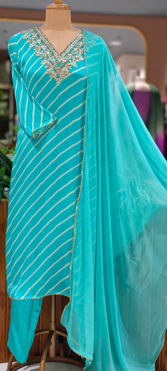 Festive Gotta Patti V-Neck Lehriya Full Suit Set With Dupatta In Chinon Fabric- 15607