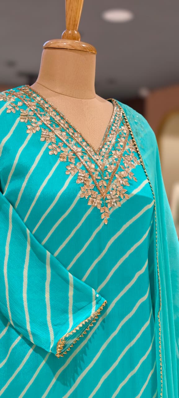 Festive Gotta Patti V-Neck Lehriya Full Suit Set With Dupatta In Chinon Fabric- 15607