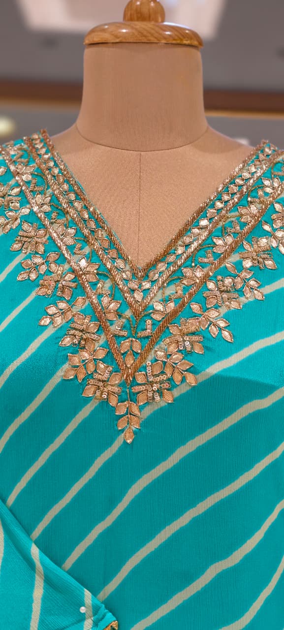 Festive Gotta Patti V-Neck Lehriya Full Suit Set With Dupatta In Chinon Fabric- 15607