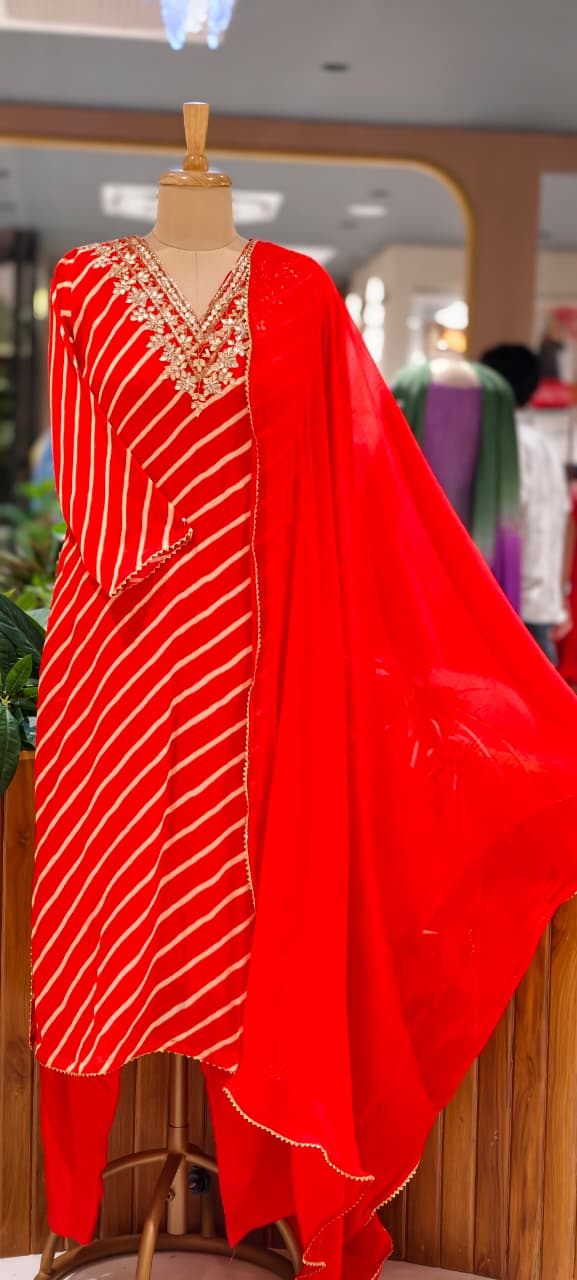 Festive Gotta Patti V-Neck Lehriya Full Suit Set With Dupatta In Chinon Fabric- 15607