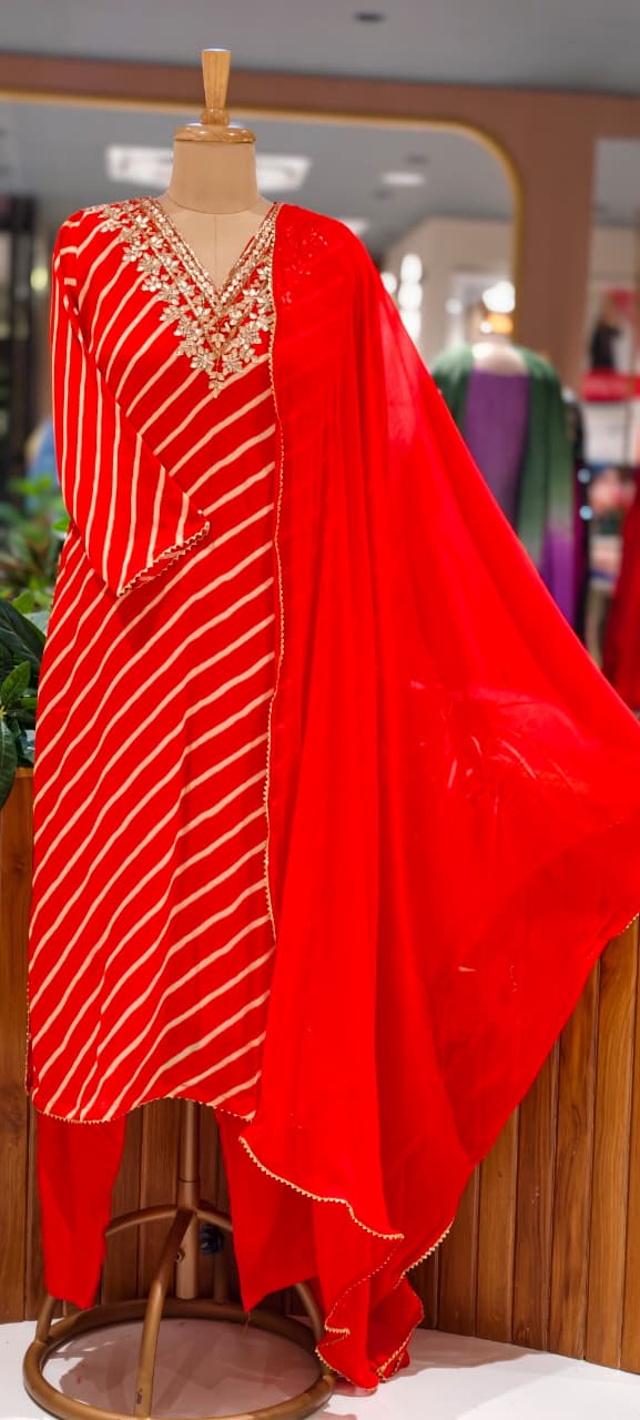 Festive Gotta Patti V-Neck Lehriya Full Suit Set With Dupatta In Chinon Fabric- 15607