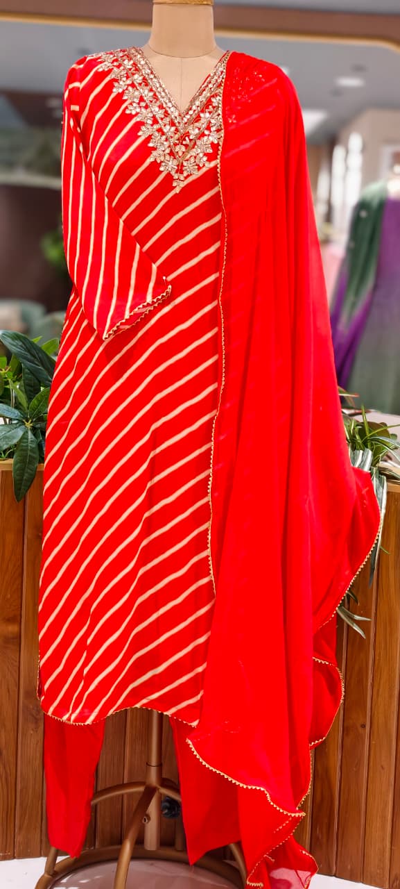 Festive Gotta Patti V-Neck Lehriya Full Suit Set With Dupatta In Chinon Fabric- 15607